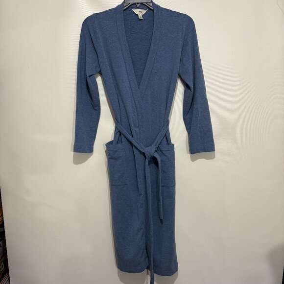 L.L. Bean XS Blue Cotton Blend Wrap-Front Long Bathrobe Robe STAINS - Picture 1 of 6